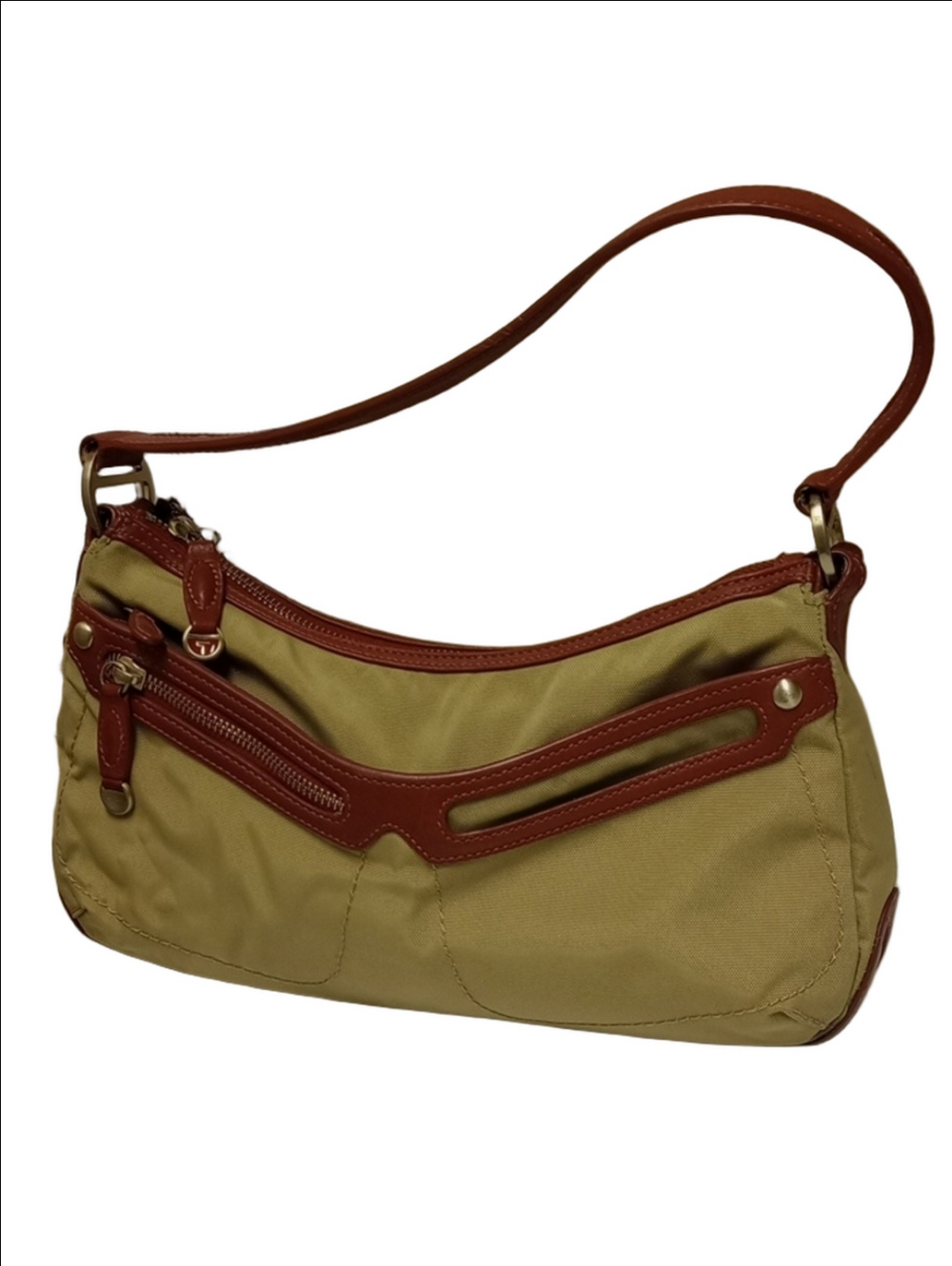 TUMI TAN BALLISTIC NYLON SHOULDER BAG WITH BROWN LEATHER TRIM